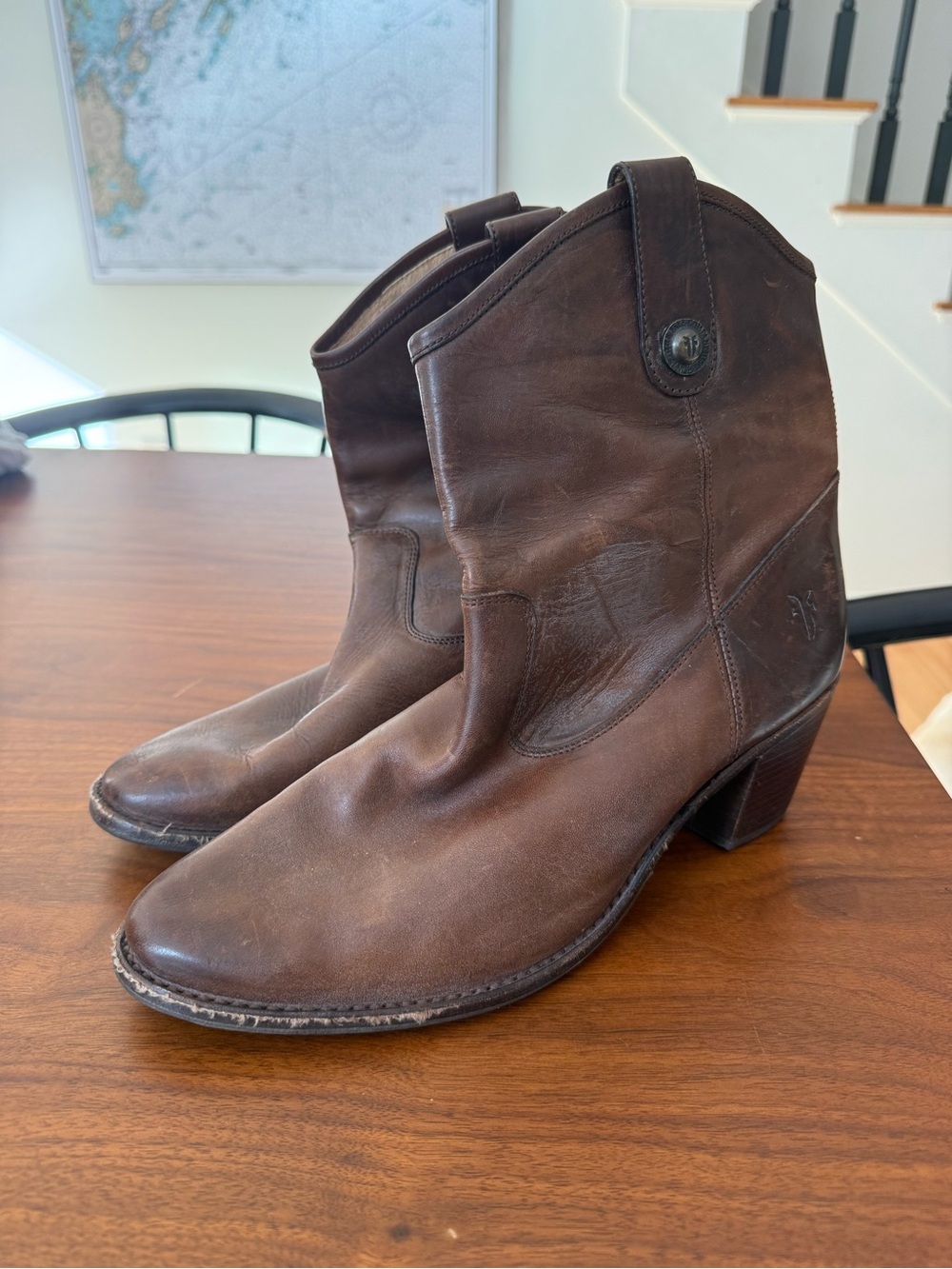 Frye Brown Leather Western Heeled Ankle Boots